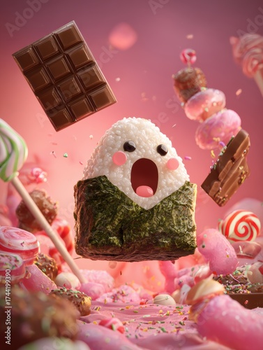 Whimsical Cartoon Sushi Character Surrounded by Colorful Candies and Chocolate in a Pink Dreamland