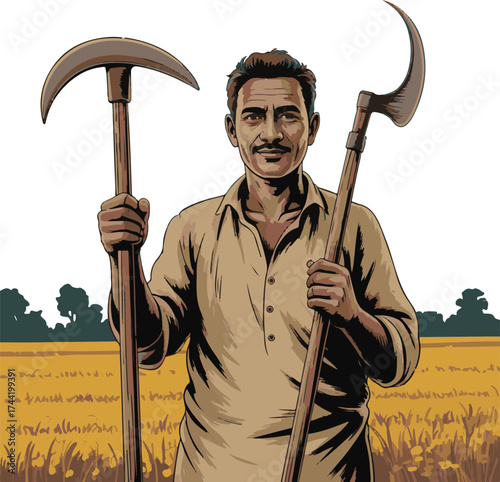 Farmer holding traditional agricultural tools in a golden field