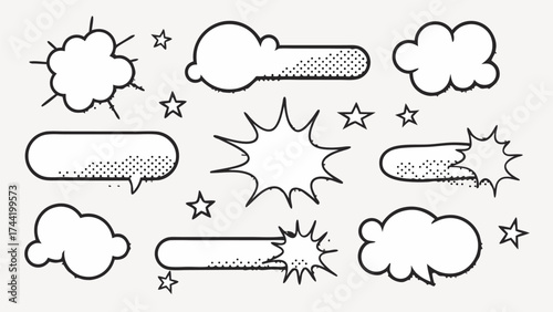 Vector illustration of several cartoon speech bubbles clouds and stars in a comic book style design layout