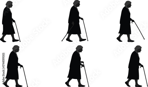 Black silhouette vector illustration of elderly person walking with cane in multiple poses, representing aging, mobility, health, lifestyle, support, and senior care
