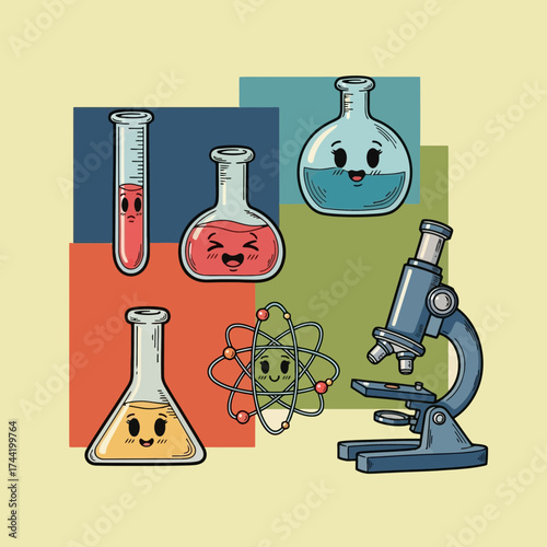 Cute Cartoon Science Icons Laboratory Tools and Smiling Characters in Illustration