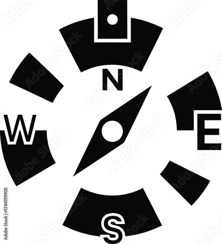 Stylized black compass icon with directional markers for north south east and west on white background