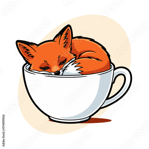 A cozy fox curled up asleep inside a giant white cup on a white background