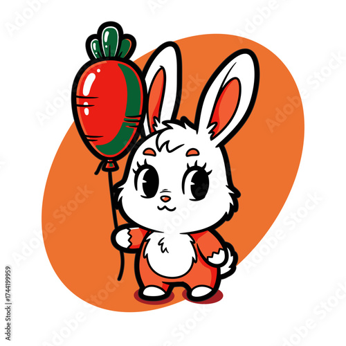 Delightful cartoon rabbit character joyfully clutching a vibrant orange carrot balloon, exuding a playful and celebratory mood perfect for children's themes and festive designs