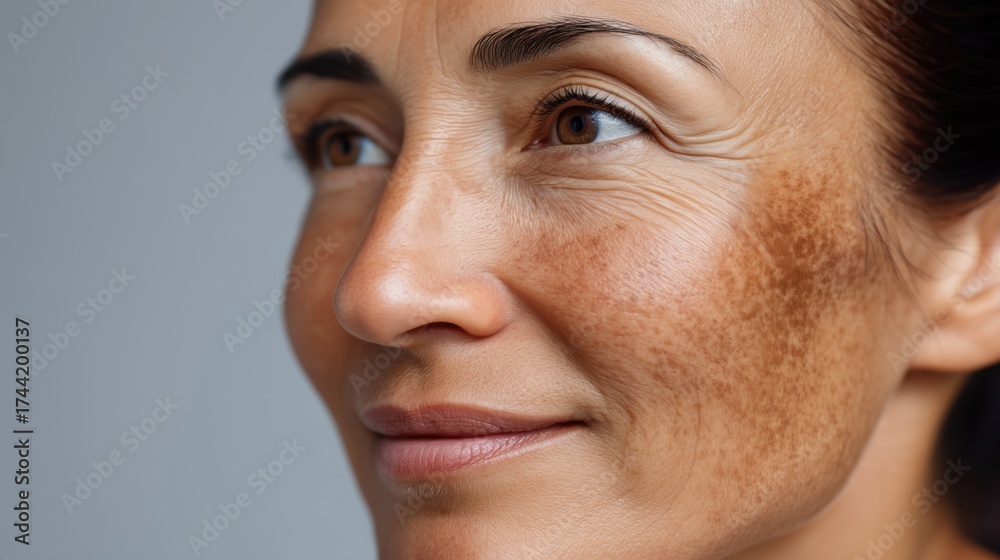 Obraz premium Close-up of woman’s face with visible dark brown age spots and wrinkles, representing hyperpigmentation, sun damage, and skincare dermatology concept