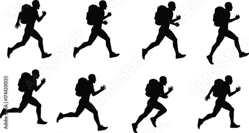 Black silhouette vector illustration of running person with backpack in multiple motion poses, representing sport, fitness, travel, activity, lifestyle, and dynamic design