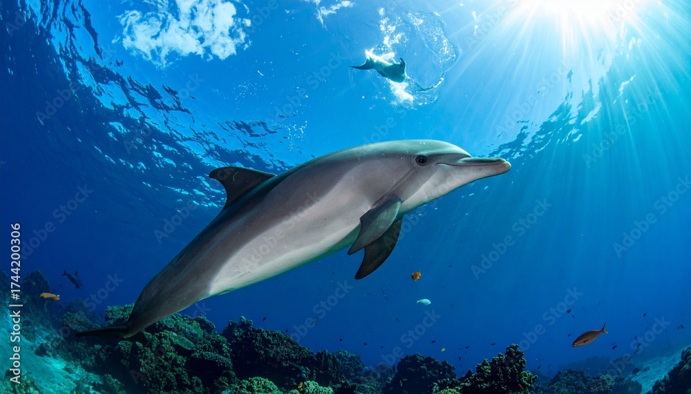 Fototapeta premium Sure! Here's a natural-style prompt to generate or describe a picture of a dolphin in its natural habitat:---**Prompt (Natural Style Image Description):***A graceful dolphin glides effortlessly 
