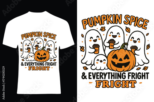 Adorable Halloween T-Shirt Design Featuring Cute Ghosts Drinking Hot Cocoa Too Cute To Spook Message