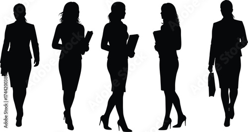 Business women silhouettes in corporate attire walking and standing with briefcases and folders, professional teamwork concept for office career illustration