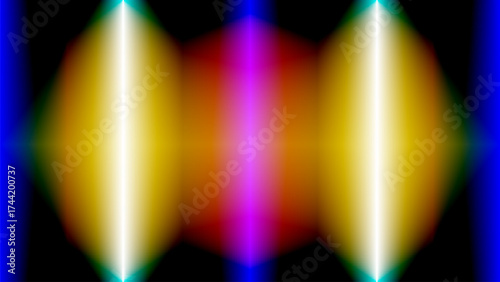 A striking, symmetrical abstract digital artwork featuring vertical white and yellow light beams flanked by royal blue, with a central magenta and red diamond shape.