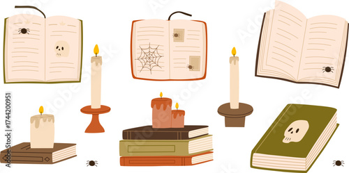 Witch magic books set. Open and closed spell books with candles. Hand drawn vector illustration.