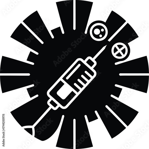 Stylized black icon representing a syringe injecting a vaccine into a virus or bacteria cell