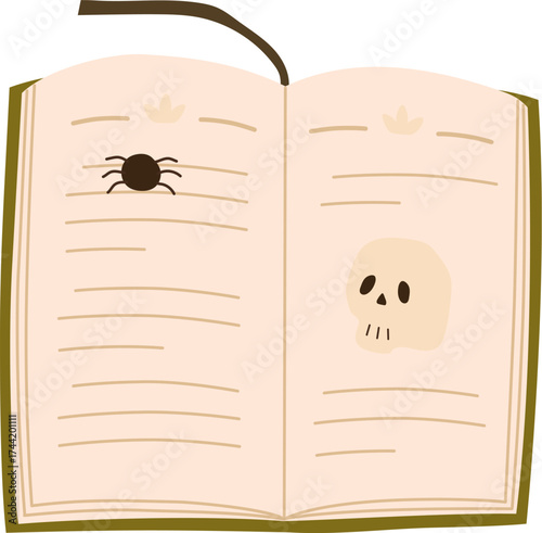 Open witch magic book with scull and spider. Hand drawn vector illustration.