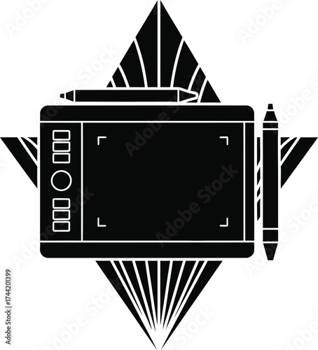 Stylized black silhouette of a digital drawing tablet and stylus with geometric abstract background elements