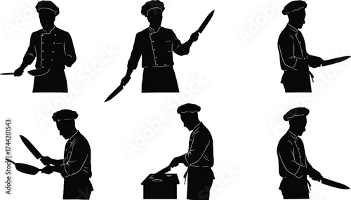 Chef silhouettes cooking with kitchen utensils, professional culinary poses preparing food, frying, chopping, stirring, serving, restaurant cooking vector illustration