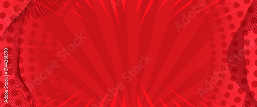 Red Comic Background with Halftone Dots and Sunburst Rays Pattern