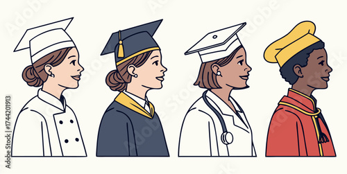 Diverse women thriving in their professions as chef, graduate, doctor, and culinary expert