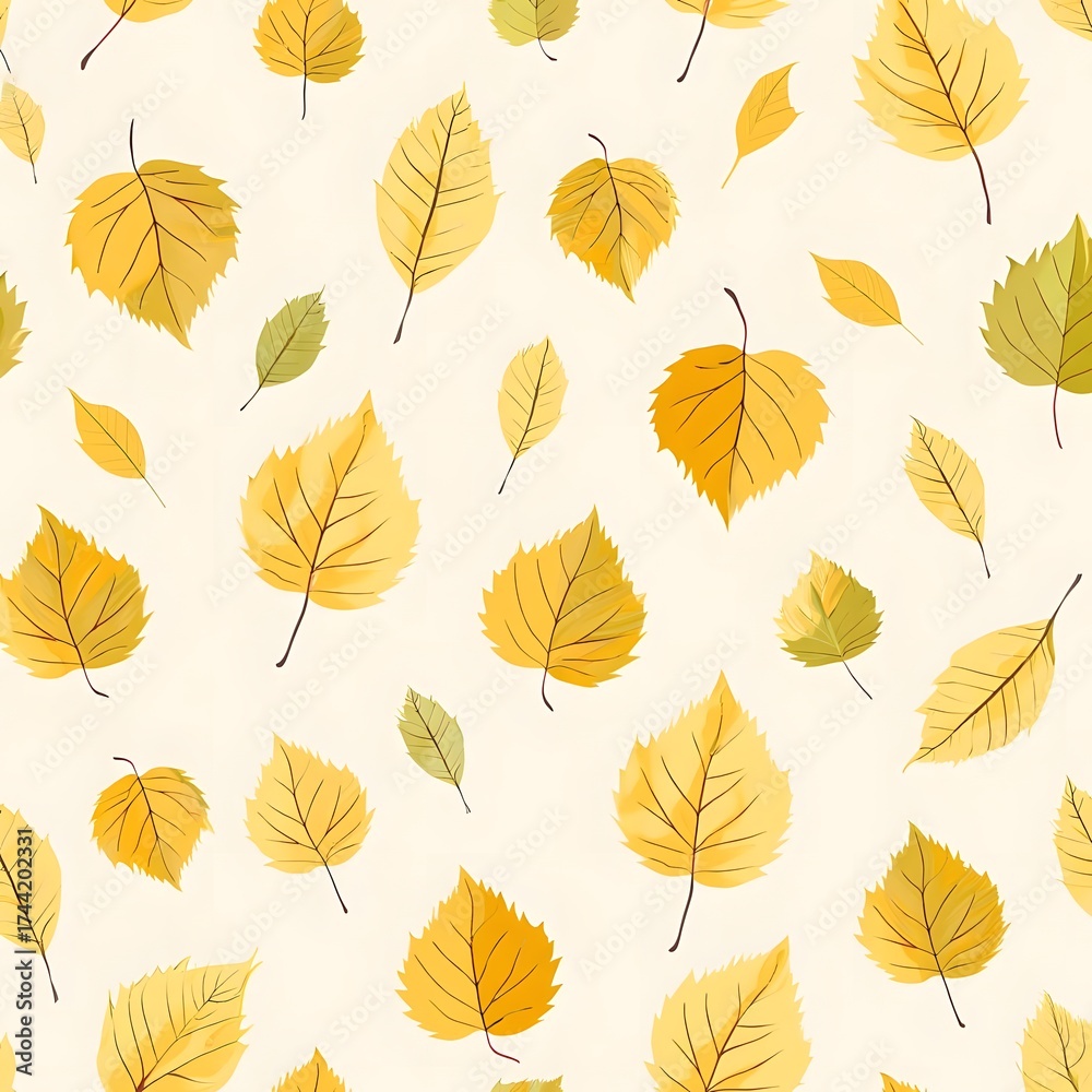 Obraz premium A seamless autumn falling birch leaves texture with soft neutral background, ideal for wallpapers, textile design, seasonal stationery, and creative print projects.
