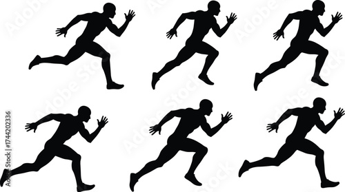 Dynamic running silhouette sequence showing sprint motion cycle, athlete training illustration, human biomechanics movement, sports exercise vector design for fitness concepts