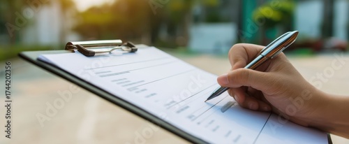 The Clipboard with a Hand Filling Out a Paper Checklist in Park