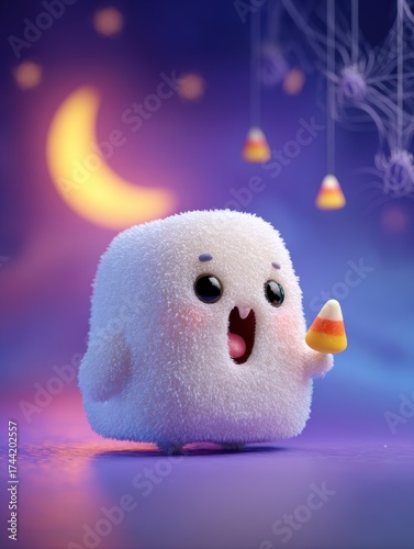 Cute fluffy ghost character with candy corn celebrates spooky Halloween night with vibrant moonlit glow and playful spider decorations