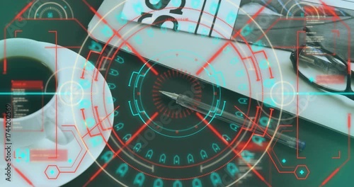 Digital scanning reticles fading, rotating around coffee cup then shifting pen locking precise tip
