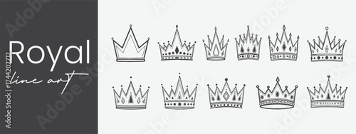 Royal Crown Icon Set Elegant Vintage Crowns Vector Design Hand Drawn Line Art Illustration Monarchy Symbol Branding