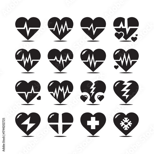 Set of Heart and EKG Icons Representing Health, Medicine, and Energy electrocardiogram heartbeat