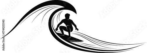 Stylized black silhouette of a surfer riding a powerful wave with dynamic lines on a white background