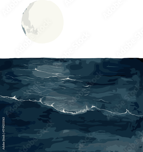 A serene digital illustration of a full moon casting silver light across dark ocean waves under a night sky.