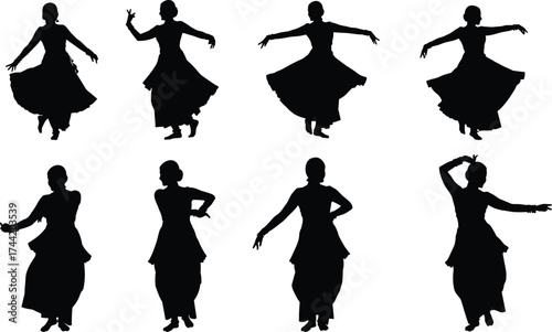 Elegant traditional dance silhouette vector illustration showing graceful woman in flowing dress performing cultural choreography poses with artistic movement style