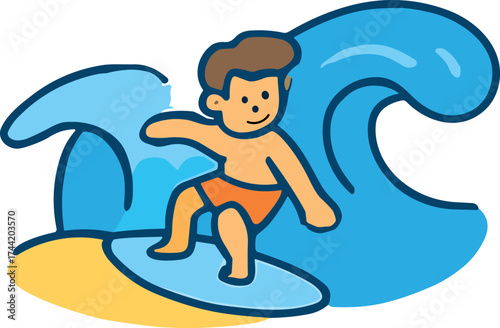 A cheerful cartoon boy rides a surfboard on a bright blue ocean wave, capturing a fun and energetic summer vibe.