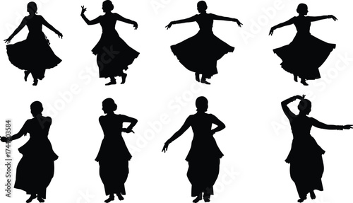 Elegant traditional dance silhouette vector illustration set featuring graceful female dancer poses in long dress, cultural performance, artistic movement design