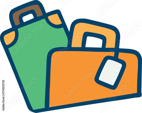 Two colorful cartoon suitcases, one green and one orange with a travel tag, symbolizing vacation, adventure, and exploration.