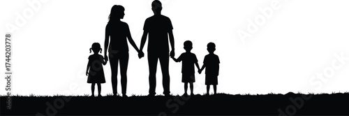 Family silhouette vector illustration of parents and children holding hands together on grass, symbolizing unity, love, support, and togetherness