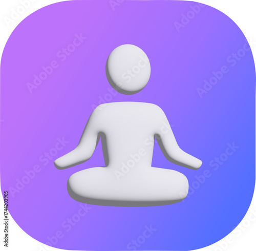 A 3D white icon of a person meditating in a lotus position on a smooth purple-to-blue gradient background, symbolizing peace, mindfulness, and balance.