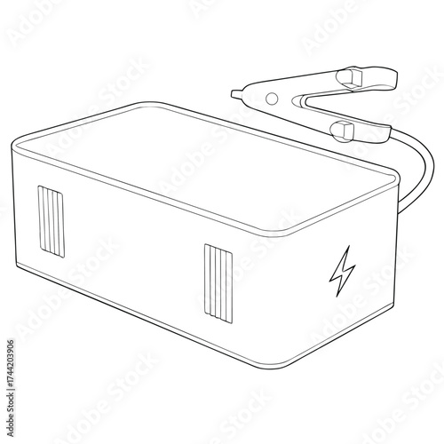 Black and white line drawing of a car battery charger with alligator clip and cable vehicle electricity