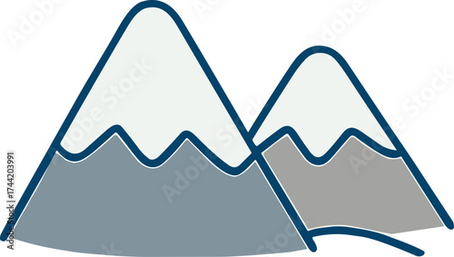 A minimalist flat illustration of two snow-capped mountains in cool gray and white tones, symbolizing nature, adventure, and exploration.