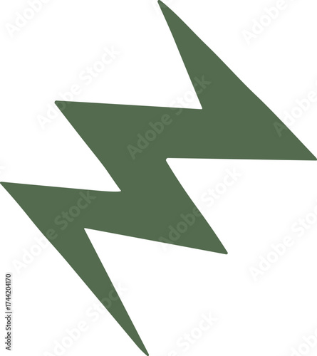 A sharp olive-green lightning bolt icon with angular zigzag edges, symbolizing energy, speed, and power in a minimalist vector style.