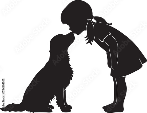 Little girl kissing her dog silhouette isolated on white background