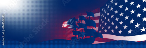 Patriotic Columbus Day background with an old sailing ship blended into the American flag on the right, set against a deep blue gradient with bright light and ample copy space