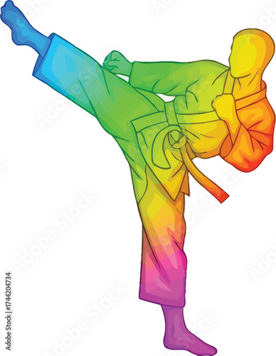 Dynamic rainbow colored karate fighter delivering a powerful kick, ideal for martial arts promotions and fitness campaigns with a vibrant, energetic feel