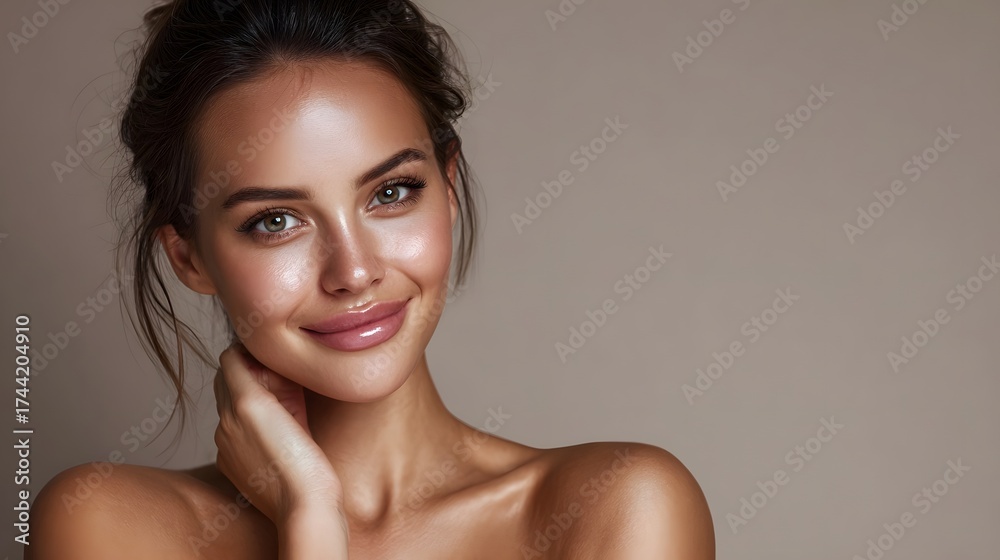Obraz premium Attractive woman with luminous skin and a gentle smile captured in a studio portrait