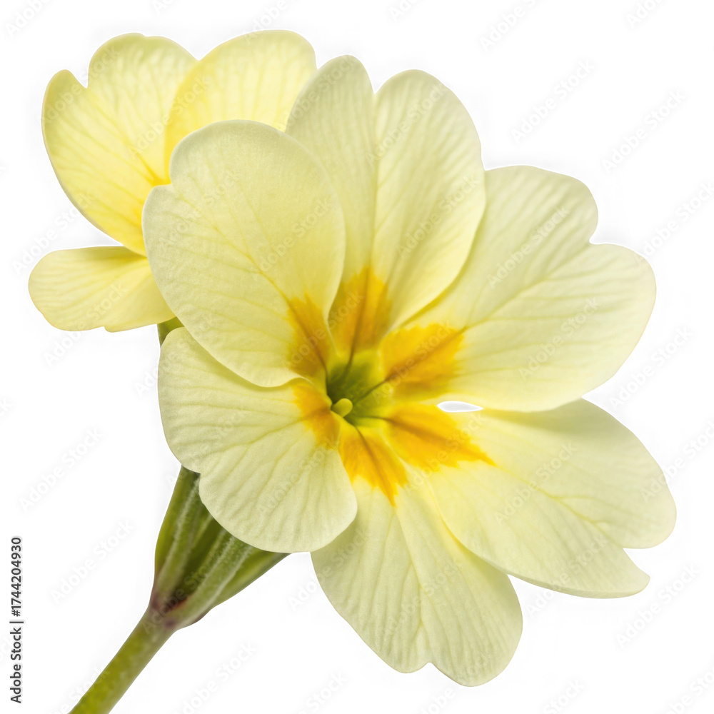 Obraz premium Delicate yellow primrose flowers close-up floral portrait isolated on white background perfect for spring and nature themes