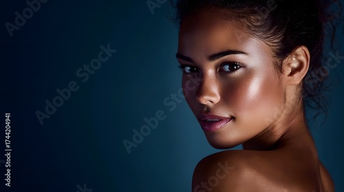 Close up portrait of a young woman with radiant glowing skin against a dark studio background