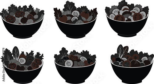 Healthy organic vegetables and fruits in black bowls, fresh salad ingredients, leafy greens, tomatoes, cucumbers, pomegranates, berries, nutrition concept illustration