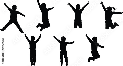 Jumping child silhouettes with curly hair in playful poses, energetic movement, childhood joy, happiness, freedom, fun, activity, sports, lifestyle, expression