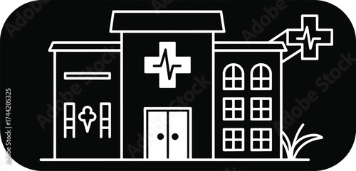 Stylized white line drawing of a community health clinic building with a cross and heartbeat symbol