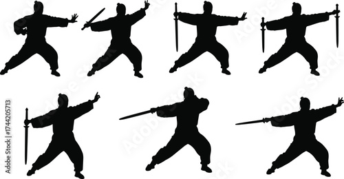 Martial arts sword silhouette poses, samurai warrior stances with katana, traditional Japanese combat training vector illustration for fighting techniques