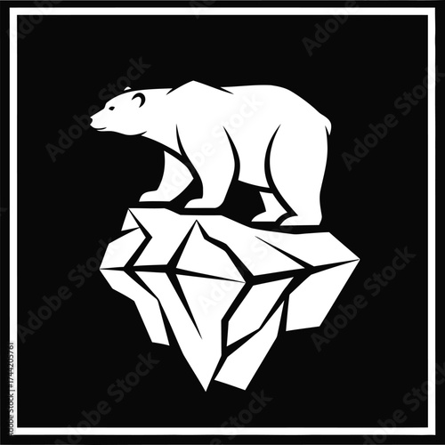 Stylized white polar bear standing on a cracked iceberg with reflection against a black background within a frame